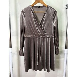 SHEIN Womens XS Taupe Velvet Wrap V-Neck Mini Dress Long Sleeve Fit and Flare